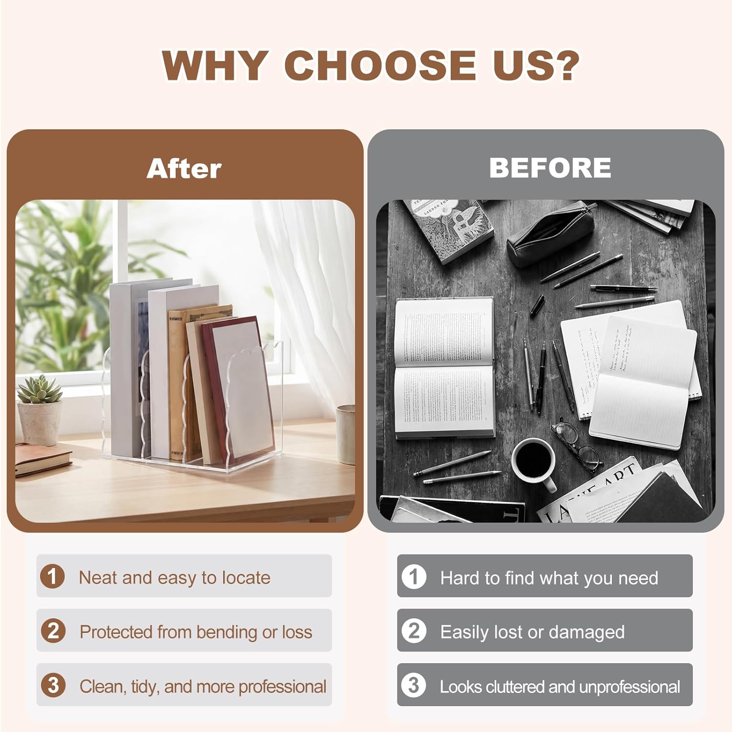 Suzile Scalloped Acrylic Magazine File Holder, 3-Compartment 4mm Thick, Clear Desk Organizer Vertical Bookends Organization for Office, Binders, Documents, Tablets, Magazines, Books