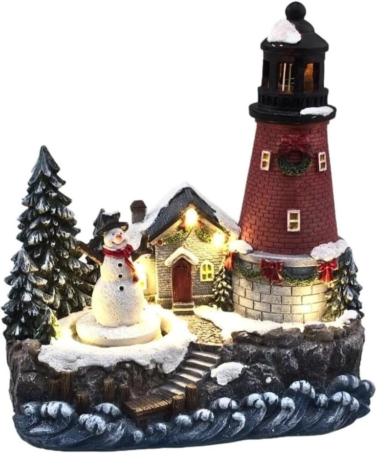 Lightahead Christmas Scene LED Lighted Lighthouse with Turning Snowman Figurine, A Musical Decoration with 8 melodies