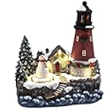 Christmas Scene LED Lighted Lighthouse with Turning Snowman Figurine, A Musical Decoration with 8 melodies