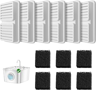 Zestaw Wymiennych Filtrów do Fontanny dla Kota, 6 Filtrów Węglowych i 6 Filtrów Gąbkowych, Kompatybilny z Fontanną 2,6 L / 88 oz, Czterowarstwowy System Filtracji