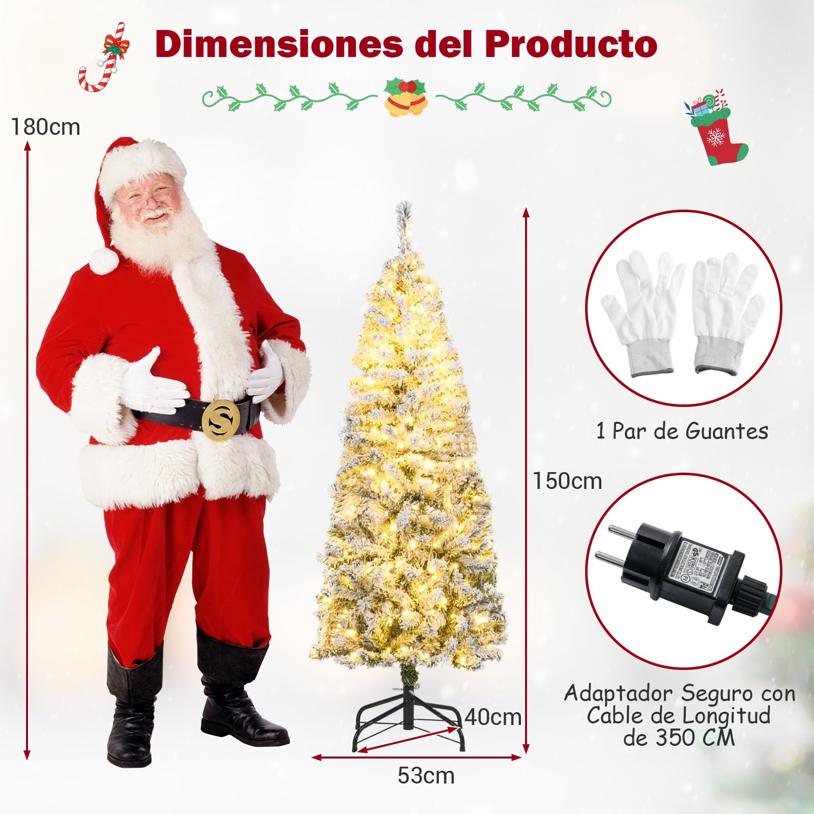 COSTWAY Arbol de Navidad Nevado con Luces 150cm, Árbol de Navidad Slim/Estrecho, 180 Luces LED, 8 Modos, Arvore de Natal Lapiz con Nieve, 329 Puntas de PVC (150cm)