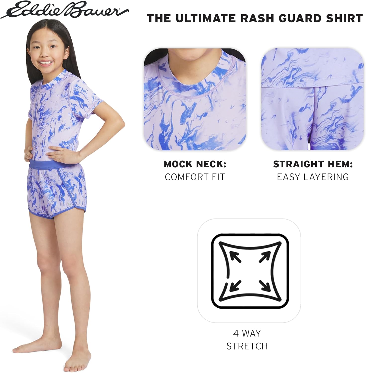 Eddie Bauer Girls' UPF 50+ Rash Guard Sun Tee Shirt and Swim Short Set