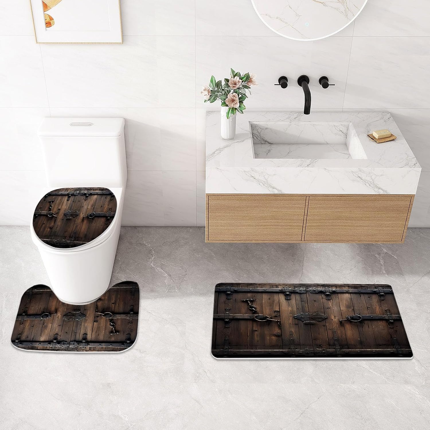 Litabel 4 Pcs Vintage Wooden Door Shower Curtain Set with Non-Slip Rugs, Toilet Lid Cover and Bath Mat, Farmhouse Bathroom Decor Set with Shower Curtain and Rugs(Hooks Not Included)