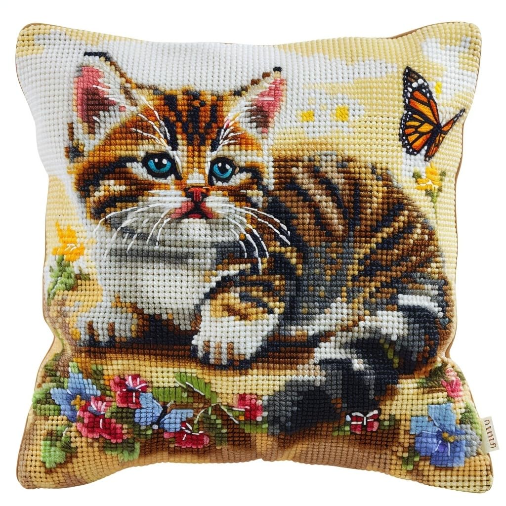 Asonglingo Latch Hook Kits-C Diy Latch Hook Pillow Kits For Adults Pillowcase With Preprinted Throw Pillow Crochet Yarns Knitted Latch Hooking Cushion 17X17inch(Animal Cat -A67)