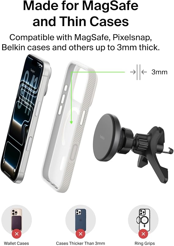 Belkin Qi2 15W Magnetic Wireless Vent Mount, Fast Charging Car Charger
