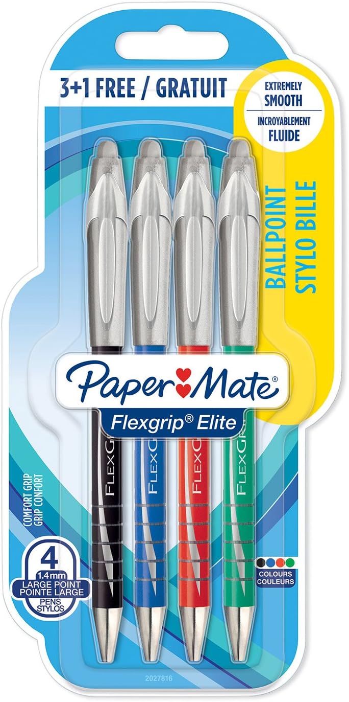 Paper Mate 2027816, 1.4 mm Flexgrip Elite Retractable Ballpoint Pen, Medium Point, Assorted Colours, Pack of 3+1