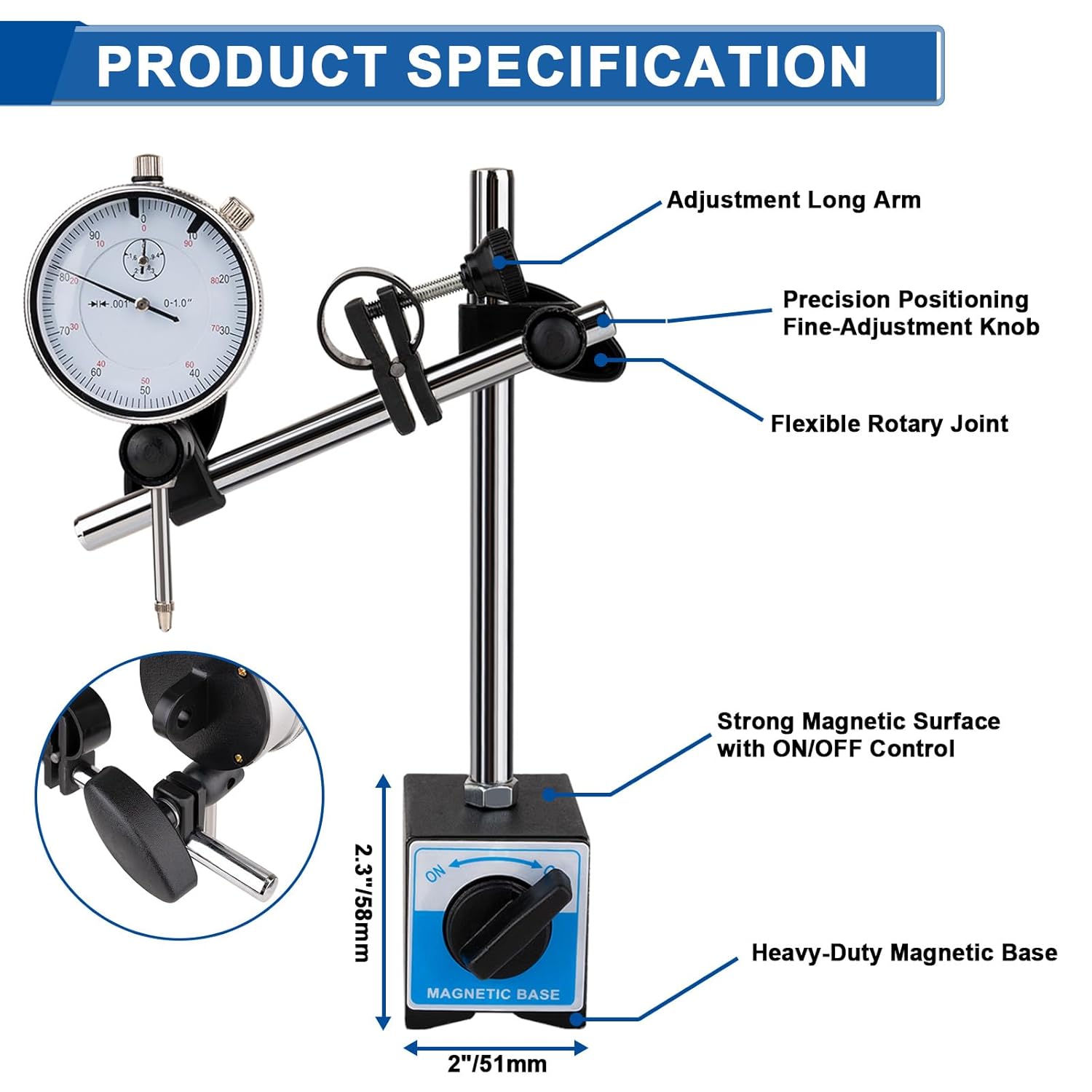 Dial Indicator with Magnetic Base, 0-1"×0.001" Precision Dial Test Indicator Set, Adjustable Long Arm Magnetic Dial Indicator Base Holder for Workshop, Lab & Mold Making