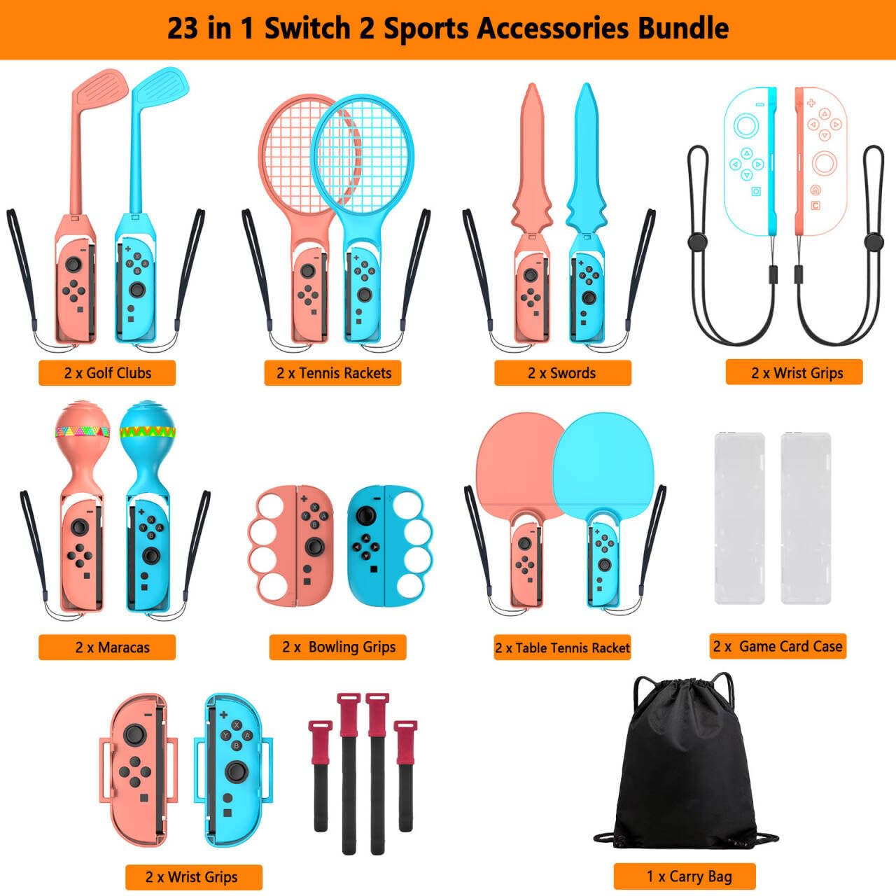 Accessori per Switch 2 Sports Giochi - Nintendo Switch 2 Accessori sportivi Family Party Pack Kit con mazze da golf, racchetta da tennis, spade impugnature, Joycon Cinghie da polso Maracas Borsa