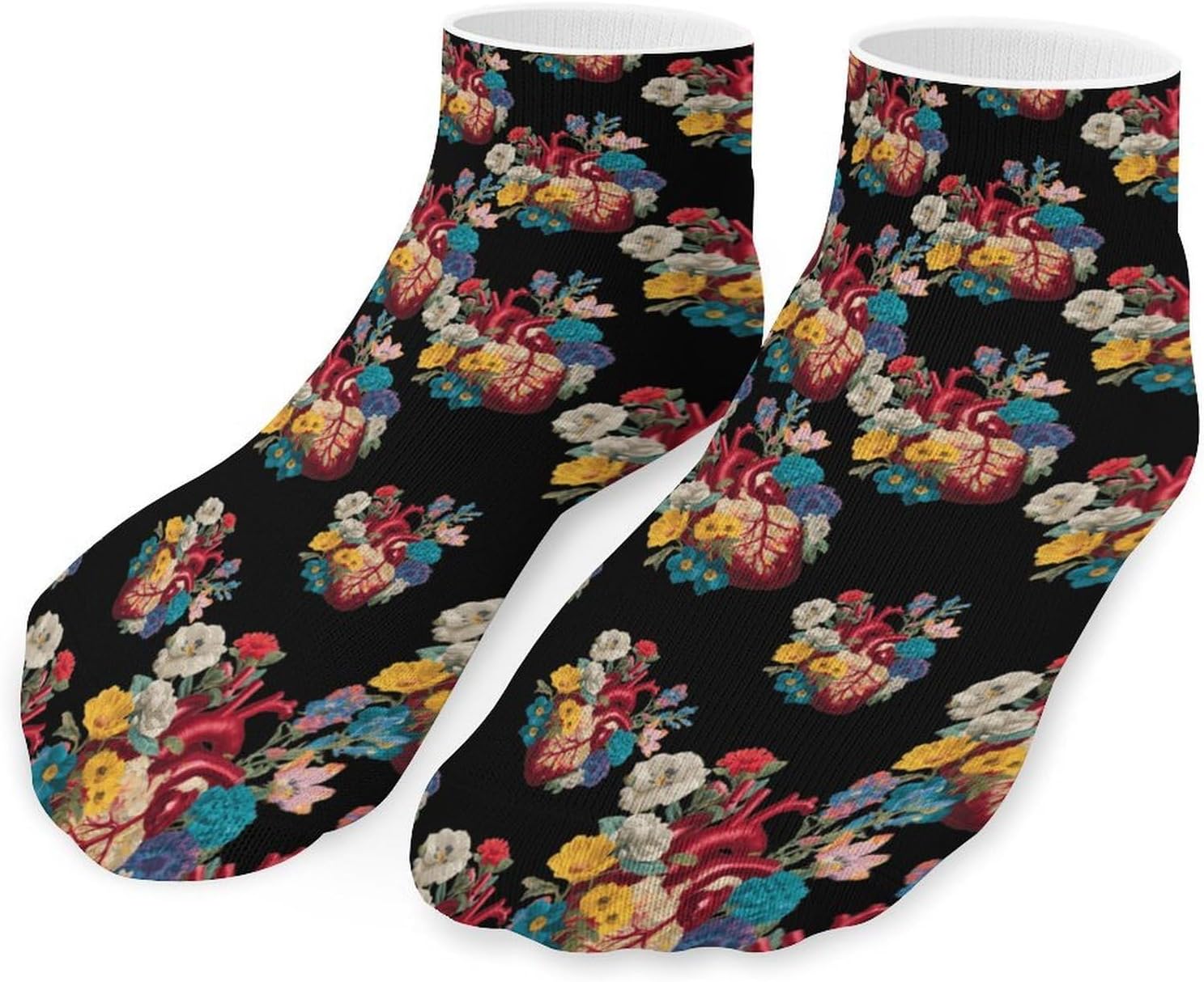 Human Heart Life Flower No Show Ankle Socks Low Cut Non Slip Flat Boat Line 5 Pairs Set