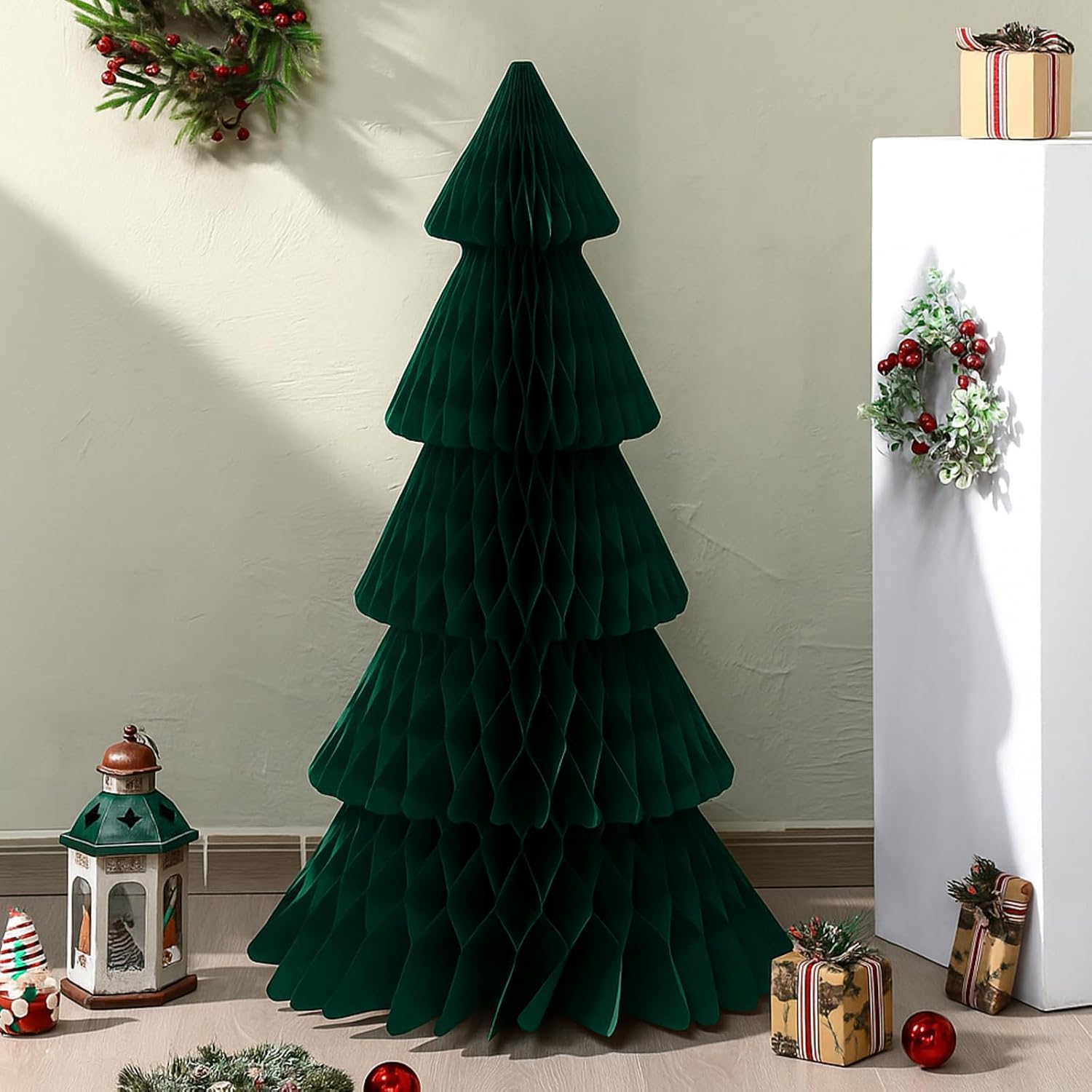 Poen 3 ft x 20 Inches Extra Large Christmas Tree 3D Honeycomb Paper Tree Xmas Centerpiece for Indoor Holiday Party Home Decorations(Dark Green)