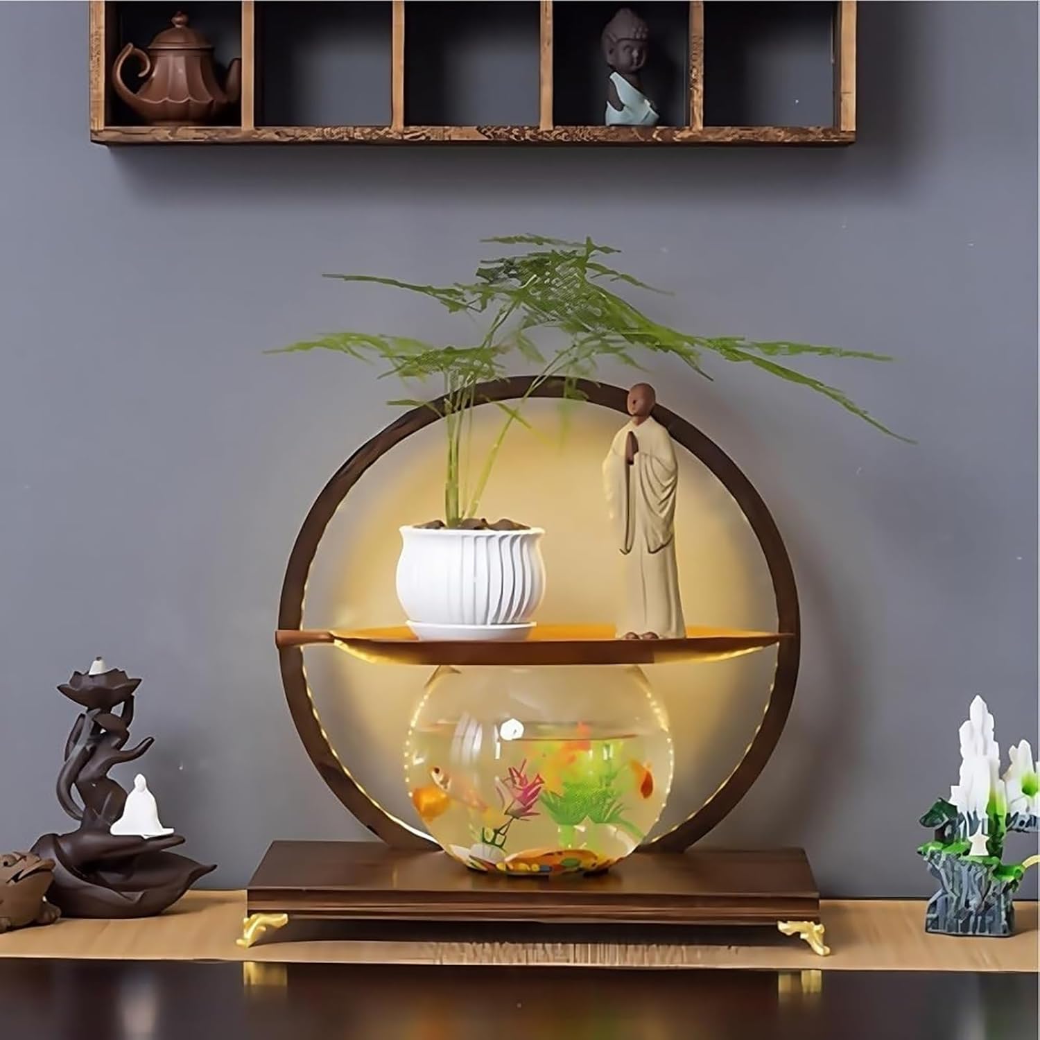 Solid Wood Prayer Bench, Altar Table with LED Light, Meditation Table with USB Port, Buddhist Alta with Copper Feet, Pooja Cabinet for Office Home,Can Be Used for A Long Time(Reddish Brown)