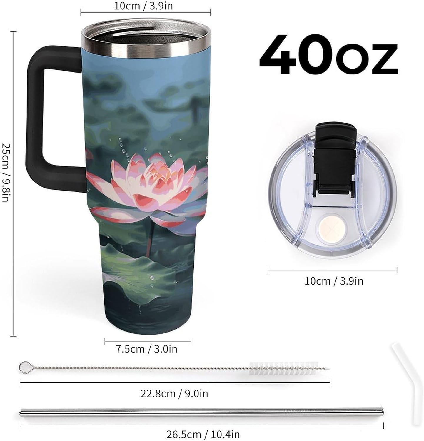 Lotus Flower And Dragonfly Tumbler 40 Oz with Handle&Lid Large Car Cup Stainless Steel Vacuum Travel Mug Insulated Water Bottle Leak-proof Portable Coffee Cup for Home Car Outdoor