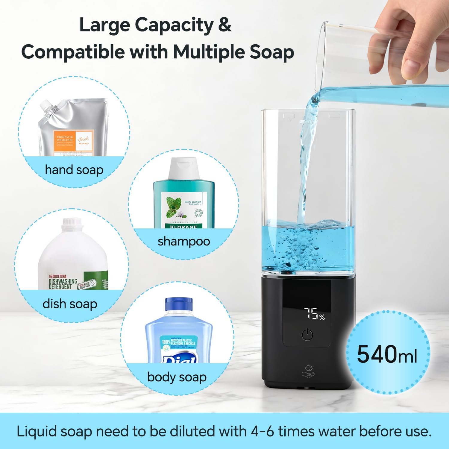 LAOPAO Soap Dispenser, Automatic Soap Dispenser Wall Mount Rechargeable Foaming Soap Pump for Bathroom Kitchen, Touchless Foam Soap Dispenser for Dish/Hand/Shower Soap, Home & Commercial, 540ml, Black - Image 3