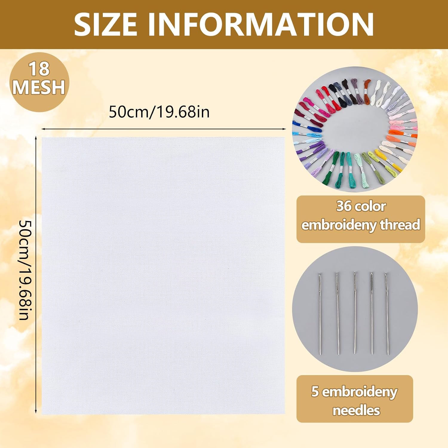 letsinstyle 18 CT Aida Cloth, Cross Stitch Embroidery Kit with 36 Colors Cotton Threads and 5 Needles, Mesh Blank White Canvas for Beginners Adults DIY Sewing Projects