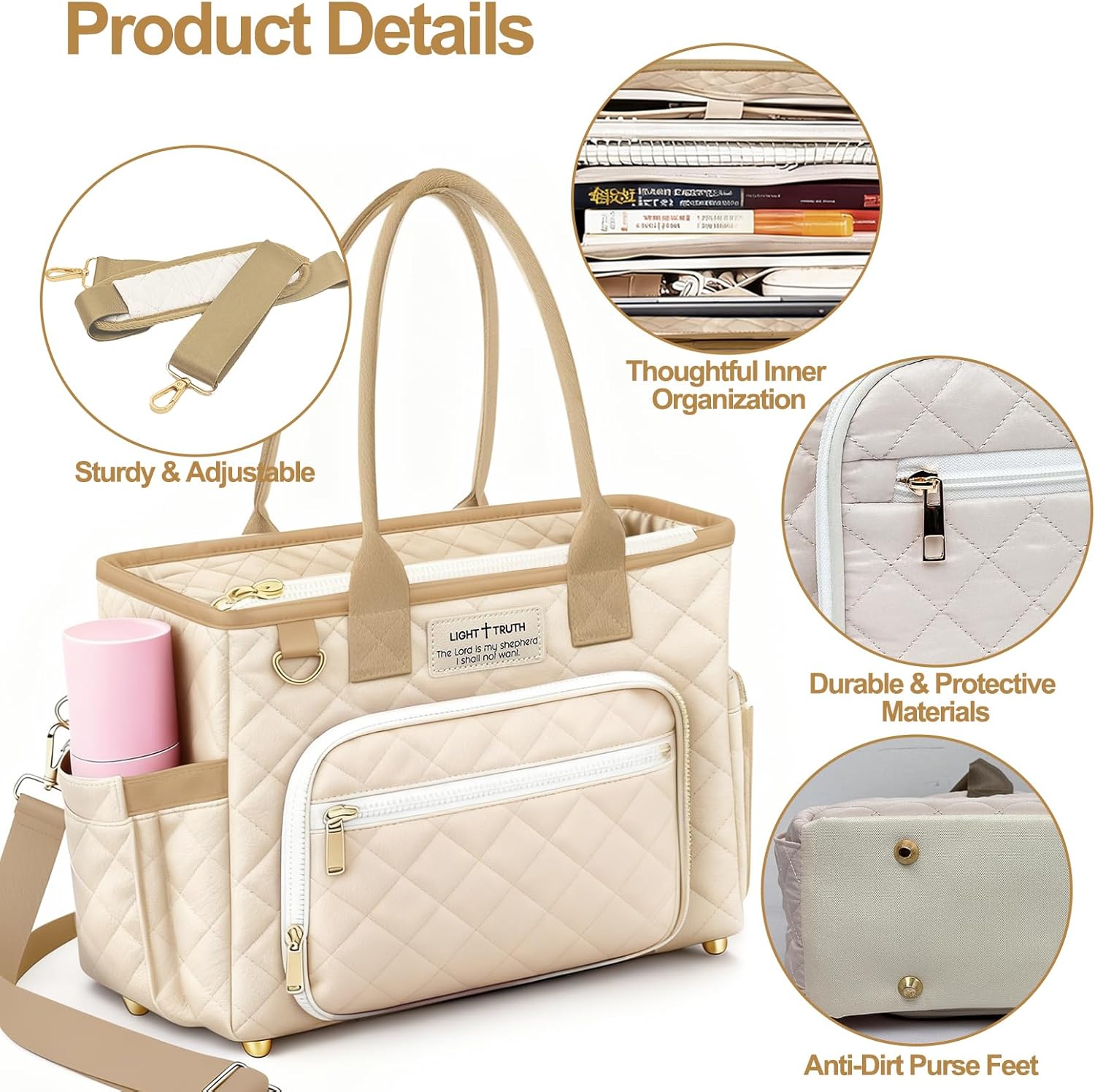 VERONLY Large Bible Tote Bag for Women with Bible Cover Case & Purse Feet - Church Bag Organizer with Pockets Carry Your Bible study supplies,Laptop & Essentials in Style, Christian Gifts for women