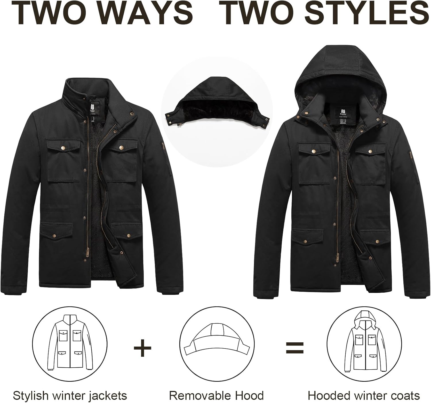 Pursky Men's Winter Military Jacket Fleece Lined Warm Cotton Coat Windproof Thicken Parka with Removable Hood - Image 3