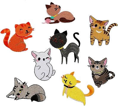 8Pcs Funny Cartoon Cat Patches, Embroidered Sewable Iron On Patch for Clothes Jacket Jeans Hats Backpacks - Smile Cat Badge for Kids & Girls