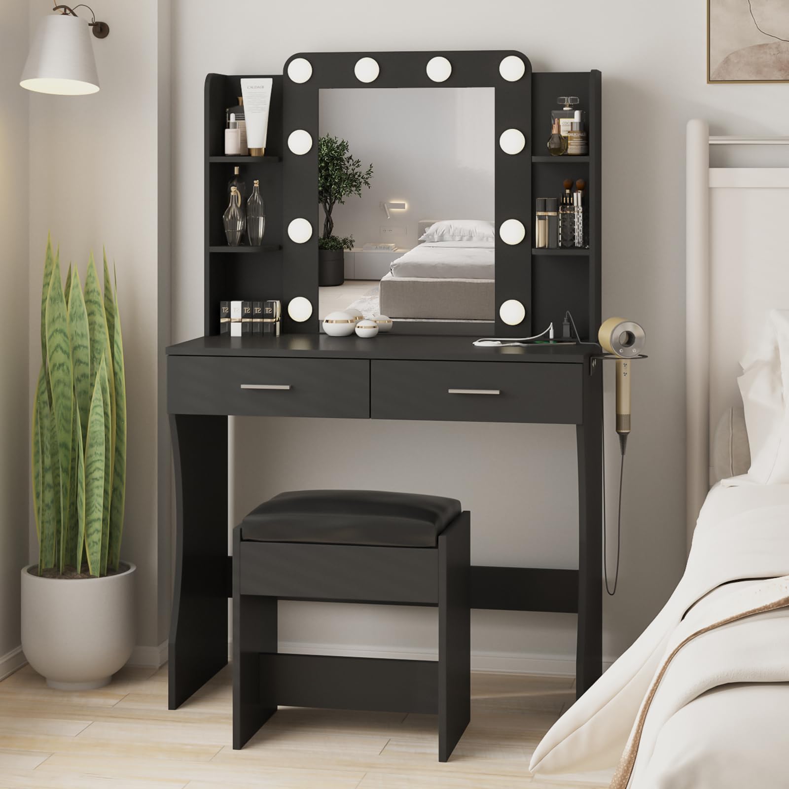 Vabches Vanity Desk with Lights,Makeup Vanity with Power Strip,Dressing Table Set with 2 Large Drawers,Vanity Mirror 3 Lighting Color Adjustable,Black