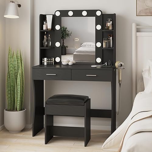 Miniatura 10 de Vabches Escritorio de tocador con espejo y luces, mesa de tocador de maquillaje con estación de carga, juego de tocador con 2 cajones y mucho