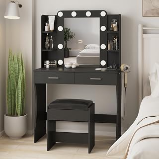 Vabches Vanity Desk with Lights,Makeup Vanity with Power Strip,Black | Dressing Table Set with 2 Large Drawers,Vanity Mirror 3 Lighting Color Adjustable,Cushioned Stool,Storage Drawers and Shelves