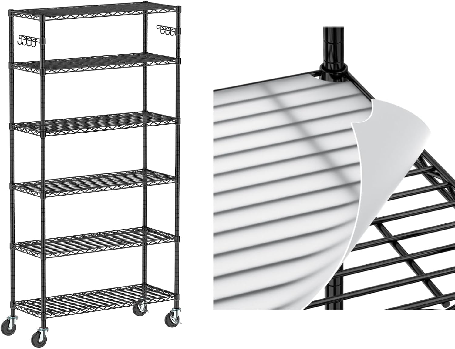 Folews 6 Tier Storage Shelf wieh Wheels, 5 Pack Wire Shelf Liners