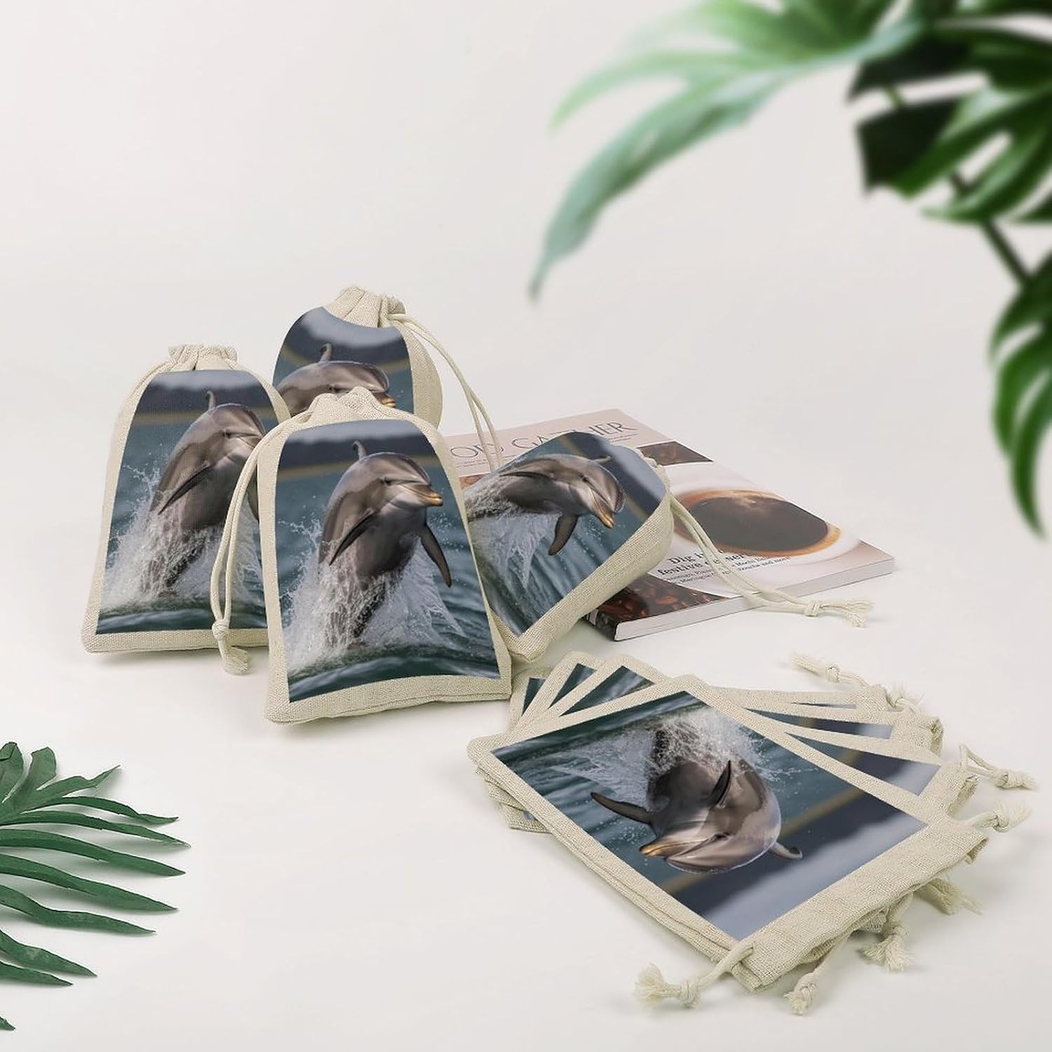 8 Pack Cool Dolphin Muslin Bags 5x7 Inch Cotton Linen Drawstring Pouches for Gifts Jewelry Wedding Favors Party Reusable Cloth Storage Sacks with Double Strings for Jewelry DIY Crafts image 4