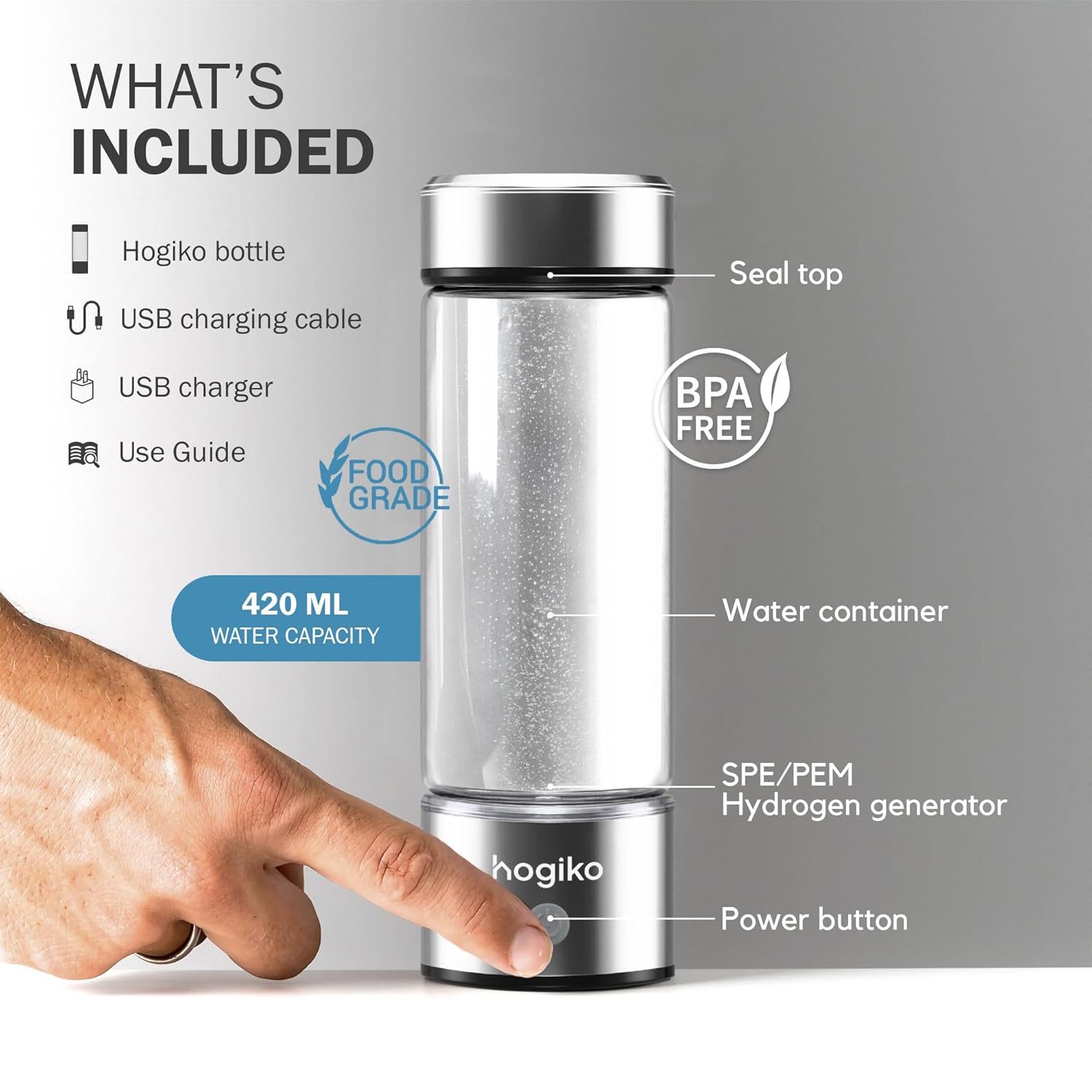 Hogiko’s Hydrogen Water Bottle Generator Machine, Water ionizer Made in USA, Echo hydrohealth ion Bottle, hydropure hydroh Water Bottles 420mL 800-1600ppb SPE PEM