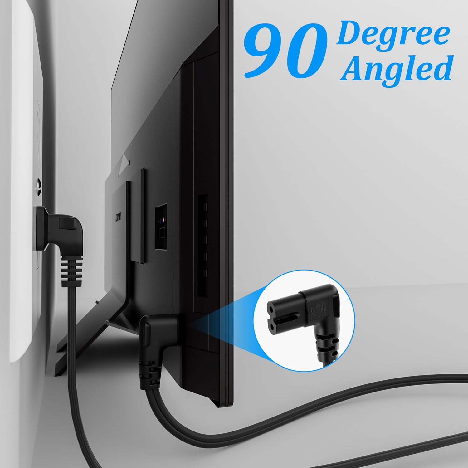 2-Slot Non-Polarized Right Angle Power Cord - 12 FT, NEMA 1-15P to IEC C7 90 Degree AC Power Cable, Universal (Figure 8) Power Supply, Black, with 25 Cable Ties