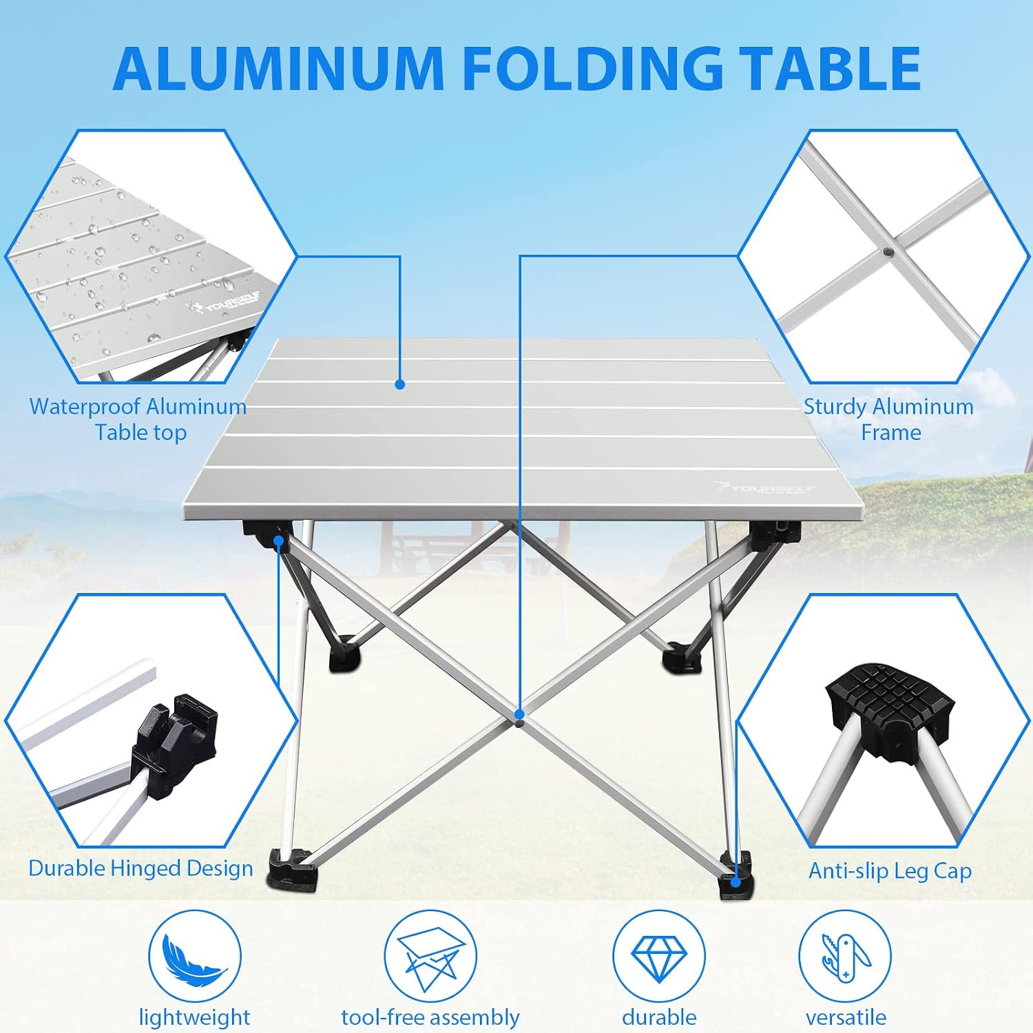 SYOURSELF Folding Camping Table, Portable Aluminum Camp Table Desk Lightweight Durable Compact Roll Up Picnic Tables for Indoor Outdoor Camp Hiking BBQ Backpacking Travel Fishing Beach+Carrying Bag