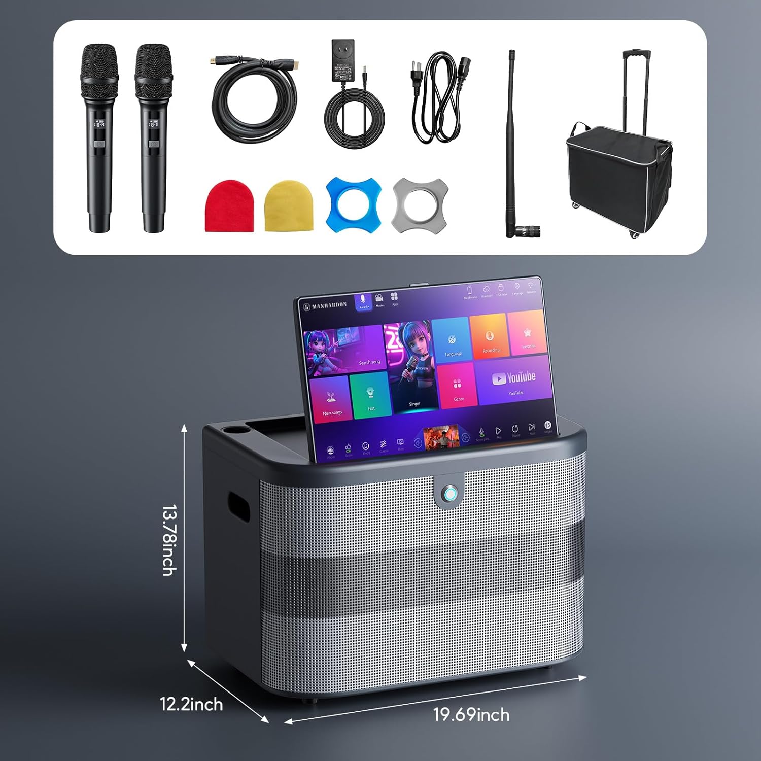 Smart Karaoke Machine with Lyrics Display, 15.6 Inch Touch Screen, Dual Bluetooth Wireless Microphones, Up to 400W Deep Bass Powerful Speaker, Karaoke Machine for Adults, Kids and Singers (Large)