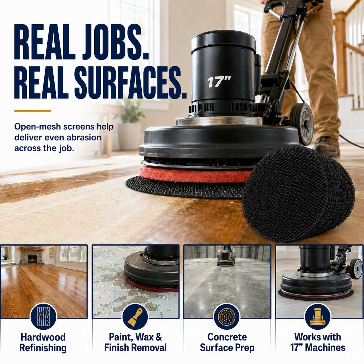 17" Sanding Screen Discs,10pcs 60 Grit Mesh Floor Sanding Screen | with 17" buffer pad ,sanding screens for hardwood floor prep, open-mesh SiC abrasive, wet or dry use