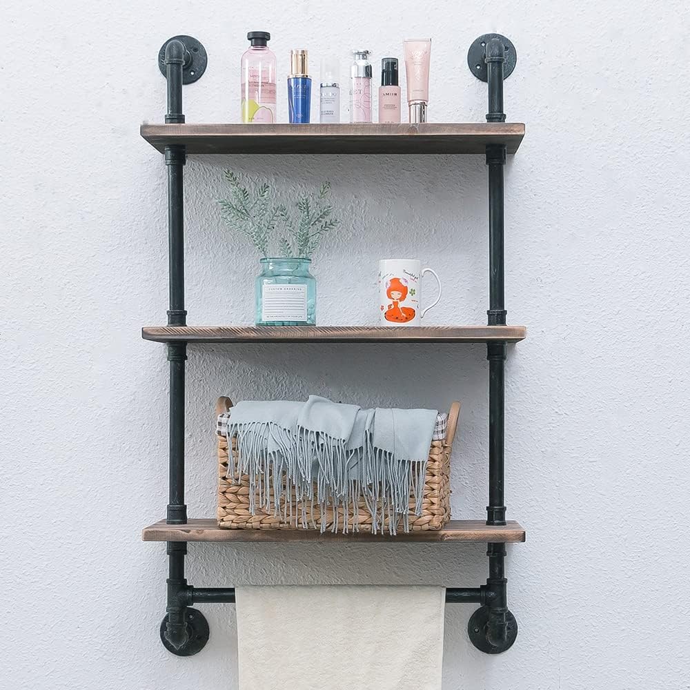 OLDRAINBOW Bathroom Shelves Wall Mounted,24in Industrial Pipe Shelving,Rustic Wood Shelf with Towel Bar,Farmhouse Towel Rack,Metal Floating Shelves Over Toilet