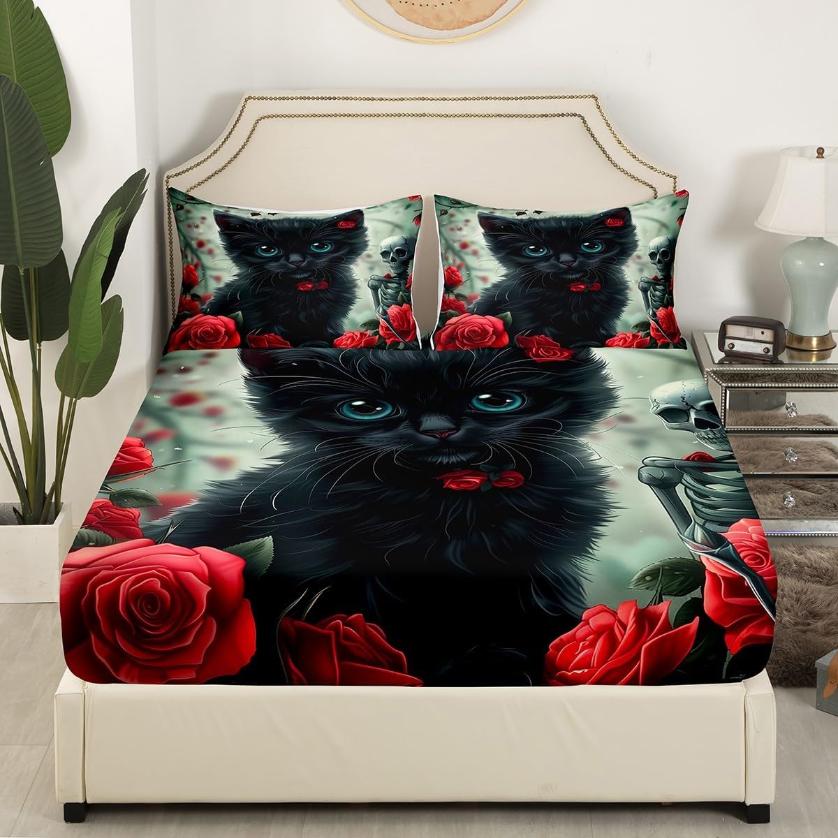 Wild Cat Bed Sheet Set King,Vintage Halloween Skull Skeleton Red Roses Soft Microfiber Sheet Set,Cute Cat Black Print Rustic Farmhouse Style Fitted Sheet + Flat Sheet + 2 Pillow Cases