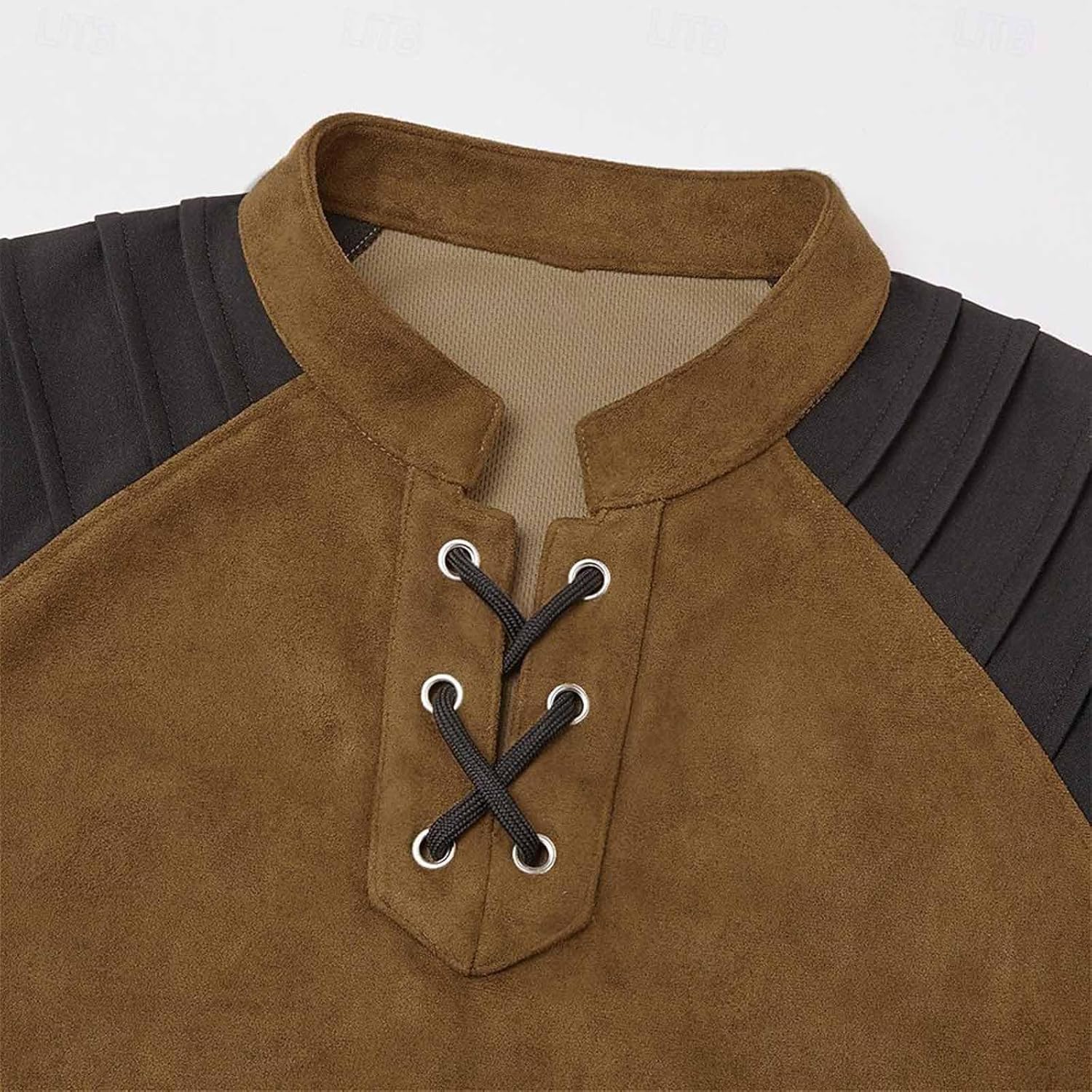 2026 Men's Henley Shirt Long Sleeve Lace Up Vintage Solid Casual T-Shirt Tactical Patchwork Western Tee Sports Tops