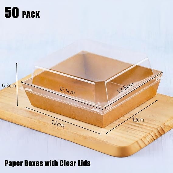 50 Pack 12cm Paper Cake Slice Boxes with Clear Lids, Square Food Containers for Charcuterie, Desserts & Bakery (Brown)