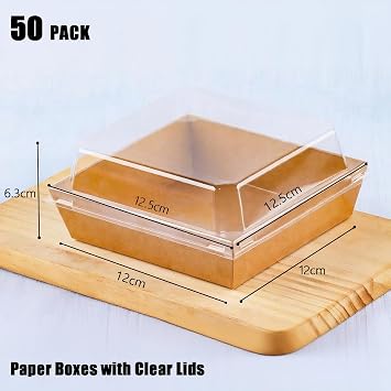 50 Pack 12cm Paper Cake Slice Boxes with Clear Lids, Square Food Containers for Charcuterie, Desserts & Bakery (Brown)