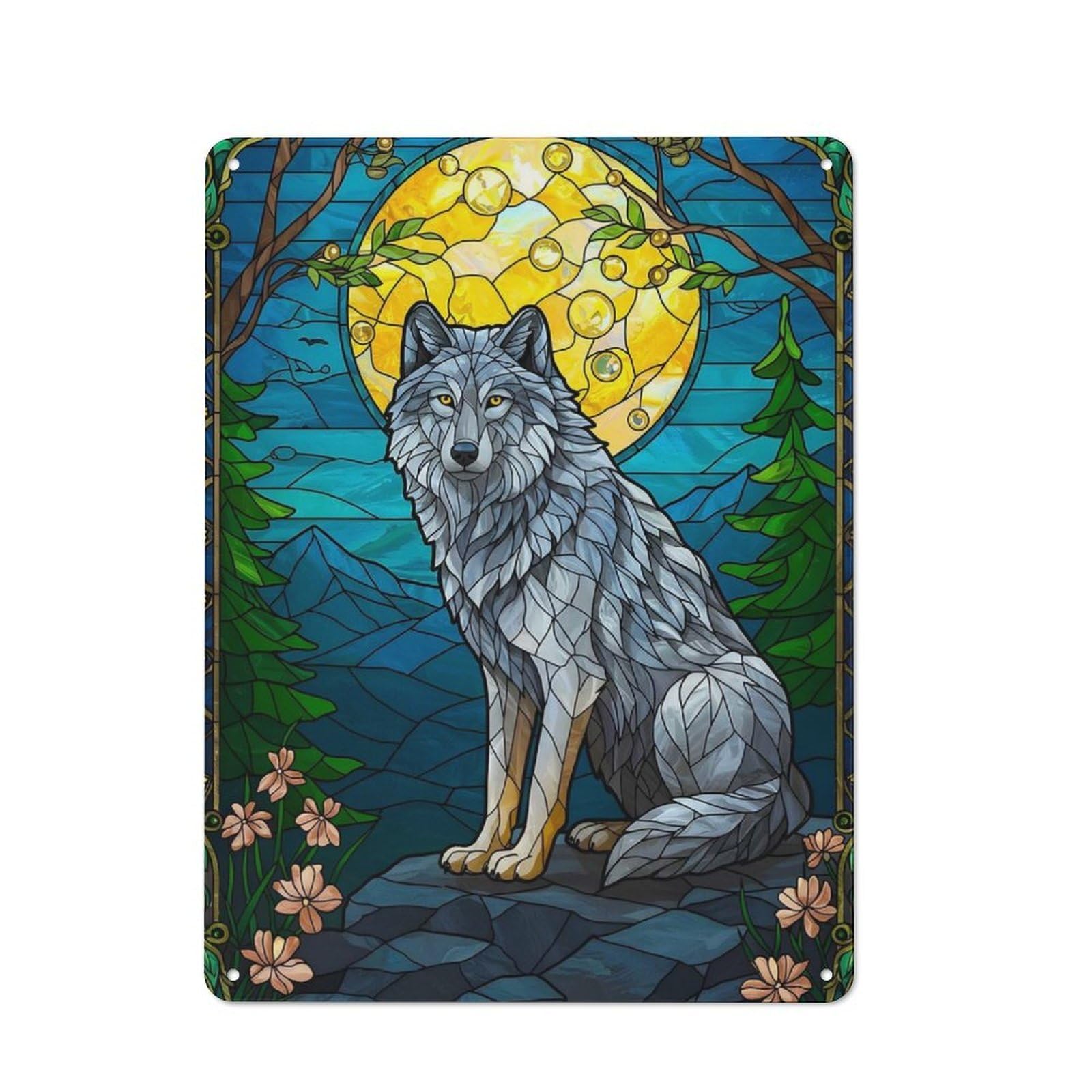 Junmoney Stained Glass Wolf Under Moonlight For Café Or Restaurant, Vintage Metal Sign 40X30cm, For Vintage Wall Decor Fans, For Cafés, Pubs And Restaurants
