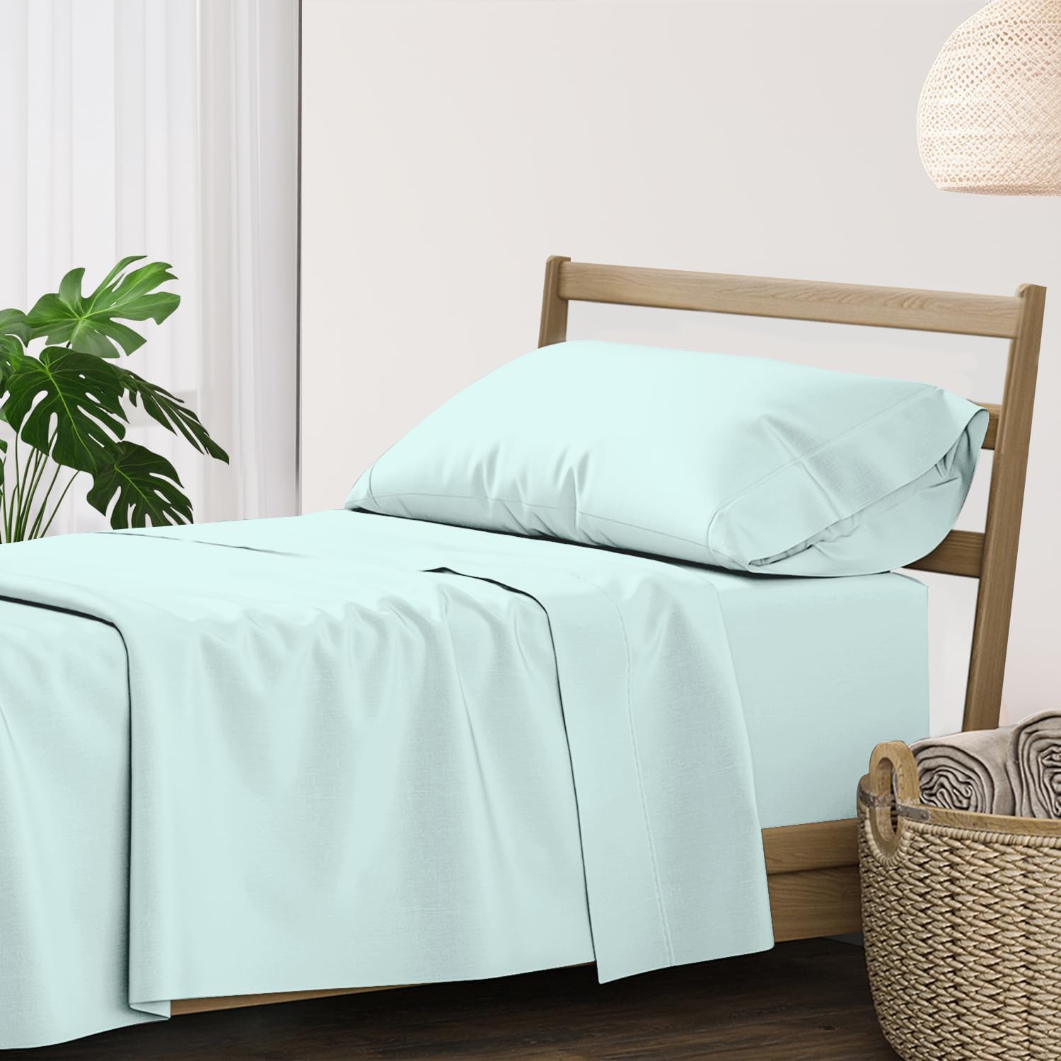 XOOX Linen 100% Cotton Twin Sheets Set - 500 Thread Count Cotton Sheets Twin Size, Extra Soft, Sateen Weave, Cooling Deep Pocket Bed Sheet for Dorm Room, Luxury Hotel Quality Bedding (3 PC, Sea Foam)