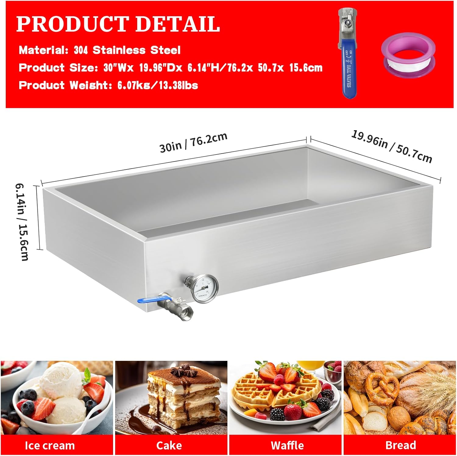 Maple Syrup Evaporator Pan, 15.5 Gal 304 Stainless Steel Maple Syrup Pan, 30 x 20 x 6 Inch Inch Boiling Maple Evaporator Pan with Valve and Thermometer Feed Pan for Home, Outdoor