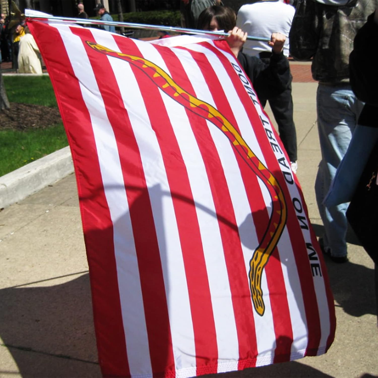 Embroidered Dont Tread On Me 1st Navy Jack Flag 3x5 Feet Double Sided Red Rattle Snake Gadsden American Flags with 2 Brass Grommets, Heavy Duty Original First Navy Jack Flags for Outside Use