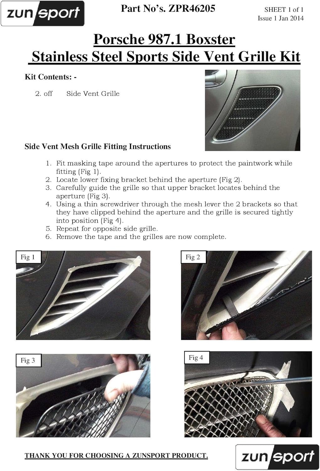 Zunsport Compatible With Porsche Boxster 987.1 And 987.2 - Side Vent Grill Set - Black finish (2005-2012)