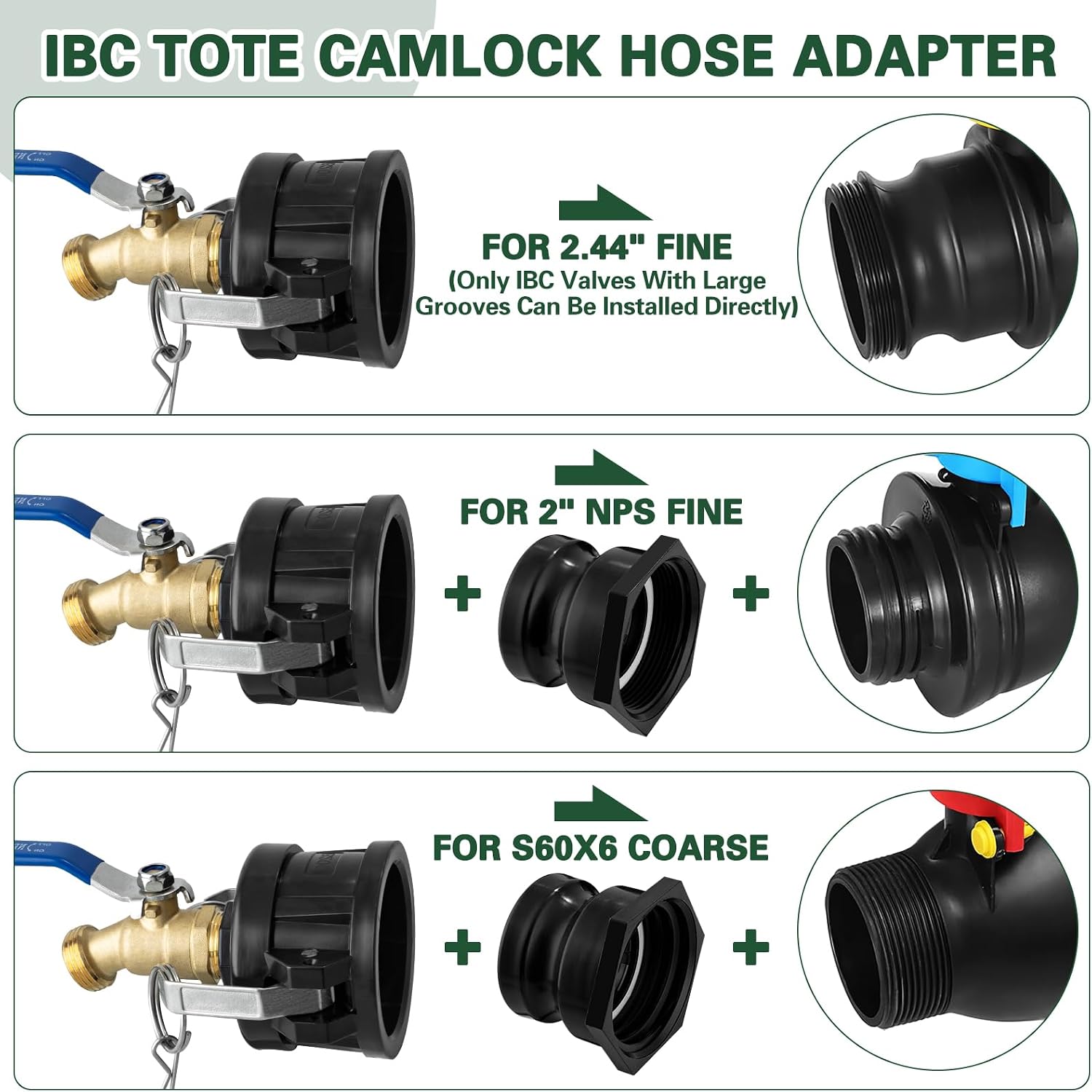 IBC Tote Adapter, 2" Cam Lock for 275-330 Gallon IBC Tote Tank with 2packs Groove Fittings, IBC Tote to Garden Hose Adapter with Brass Hose Faucet (3/4" Male NPT Inlet ×3/4" Male GHT Threaded)