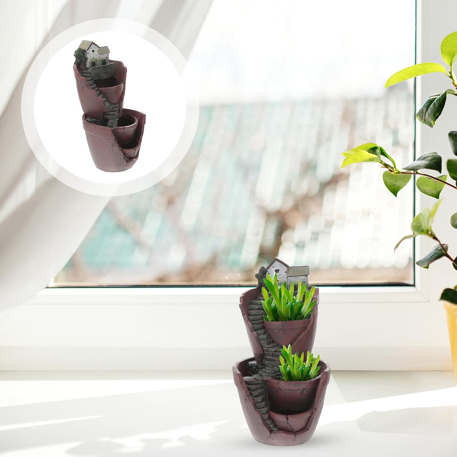 Dual Layer Resin Garden Pot for Succulents and Small Plants Creative Sky Garden Planter Box with Micro Landscape Decor Elegant Indoor Outdoor Flower Pot for Home Office Balcony