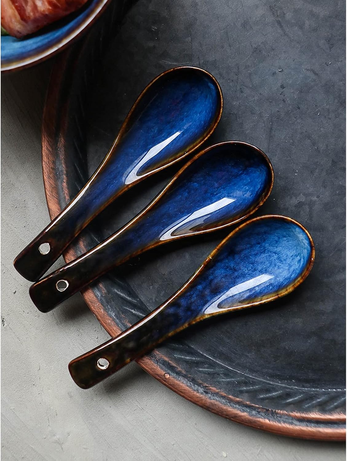 Spoon Soup Spoon Japanese Style Blue Ceramic Soup Spoon Retro Ramen Bowl Soup Spoon Kiln Variable Spoon Rice Spoon Creative Dessert Fruit Spoon 6pcs Soup Spoon