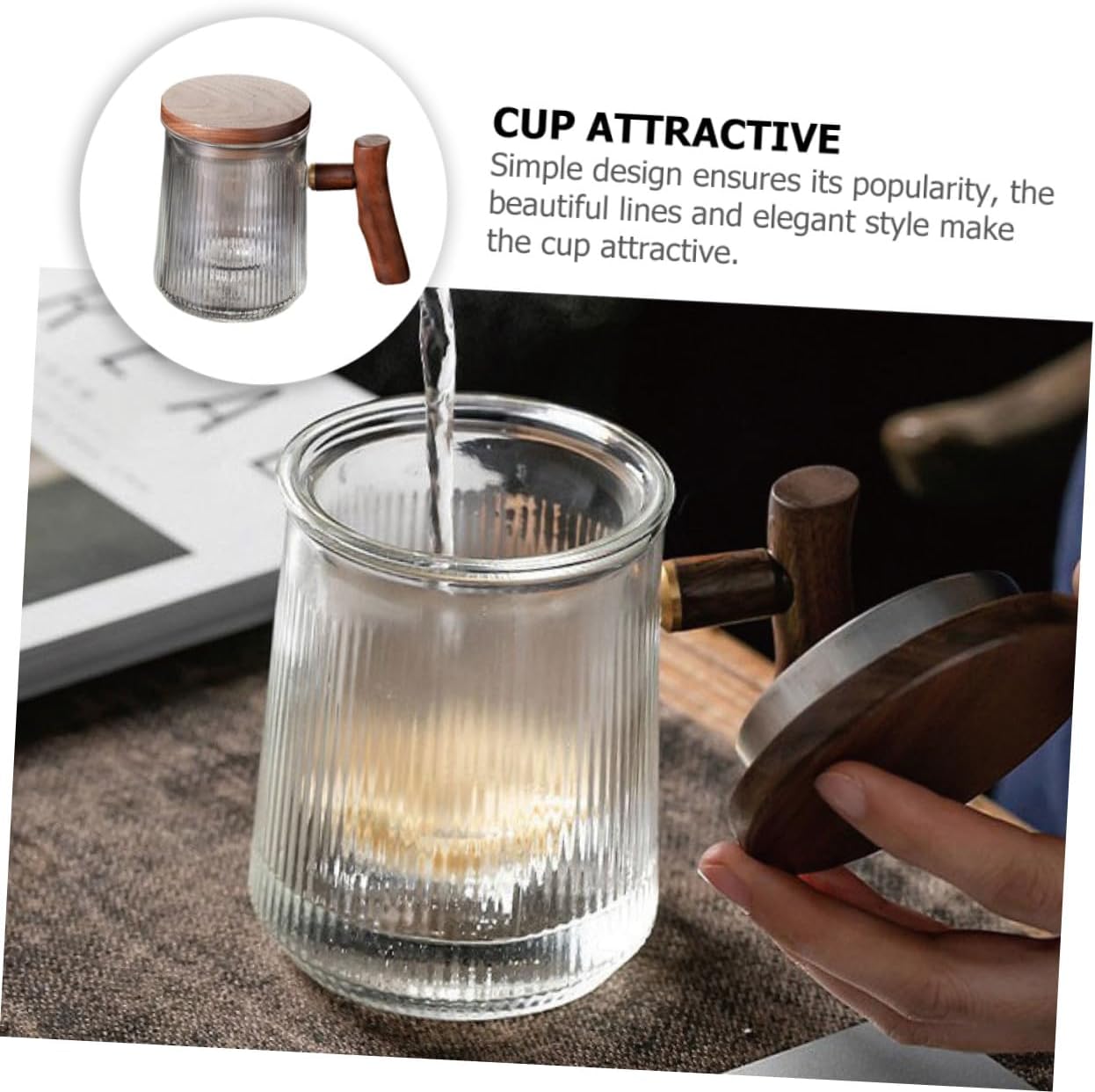 Glass Tea Cup with Infuser and Ribbed Design 380ml Heat-resistant Glass Mug with Wooden Handle and Flat Lid Steeping Tea Tumbler