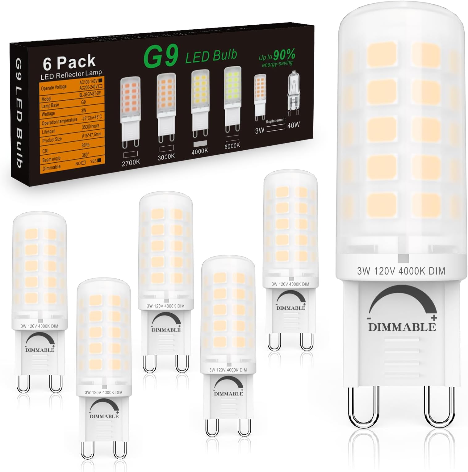 G9 LED Bulb Dimmable 3W (40W Equivalent) - 4000K Natural White, No Flicker, 420LM, Plastics Base - Ideal for Kitchen, Office, Reading Room, Makeup Area - 6 Pack