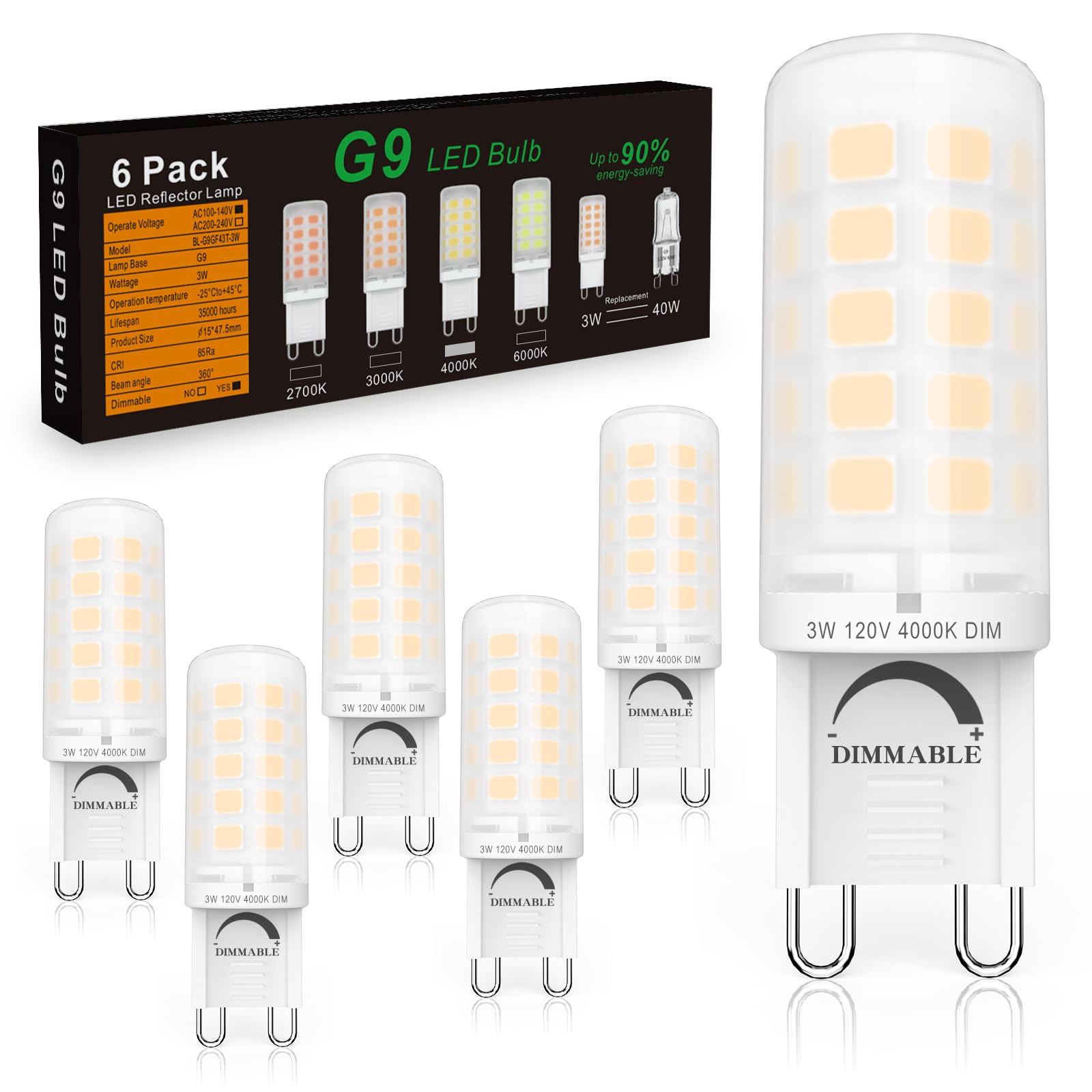 G9 LED Bulb Dimmable 3W (40W Equivalent) - 4000K Natural White, No Flicker, 420LM, Plastics Base - Ideal for Kitchen, Office, Reading Room, Makeup Area - 6 Pack