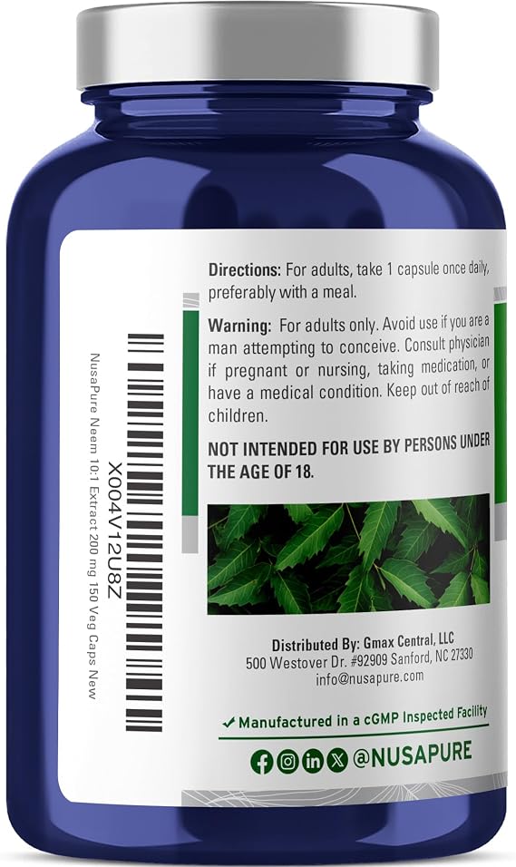 NusaPure Neem Leaf Root Capsules, 200 mg, 150 Veg Capsules (Non-GMO, Vegan)