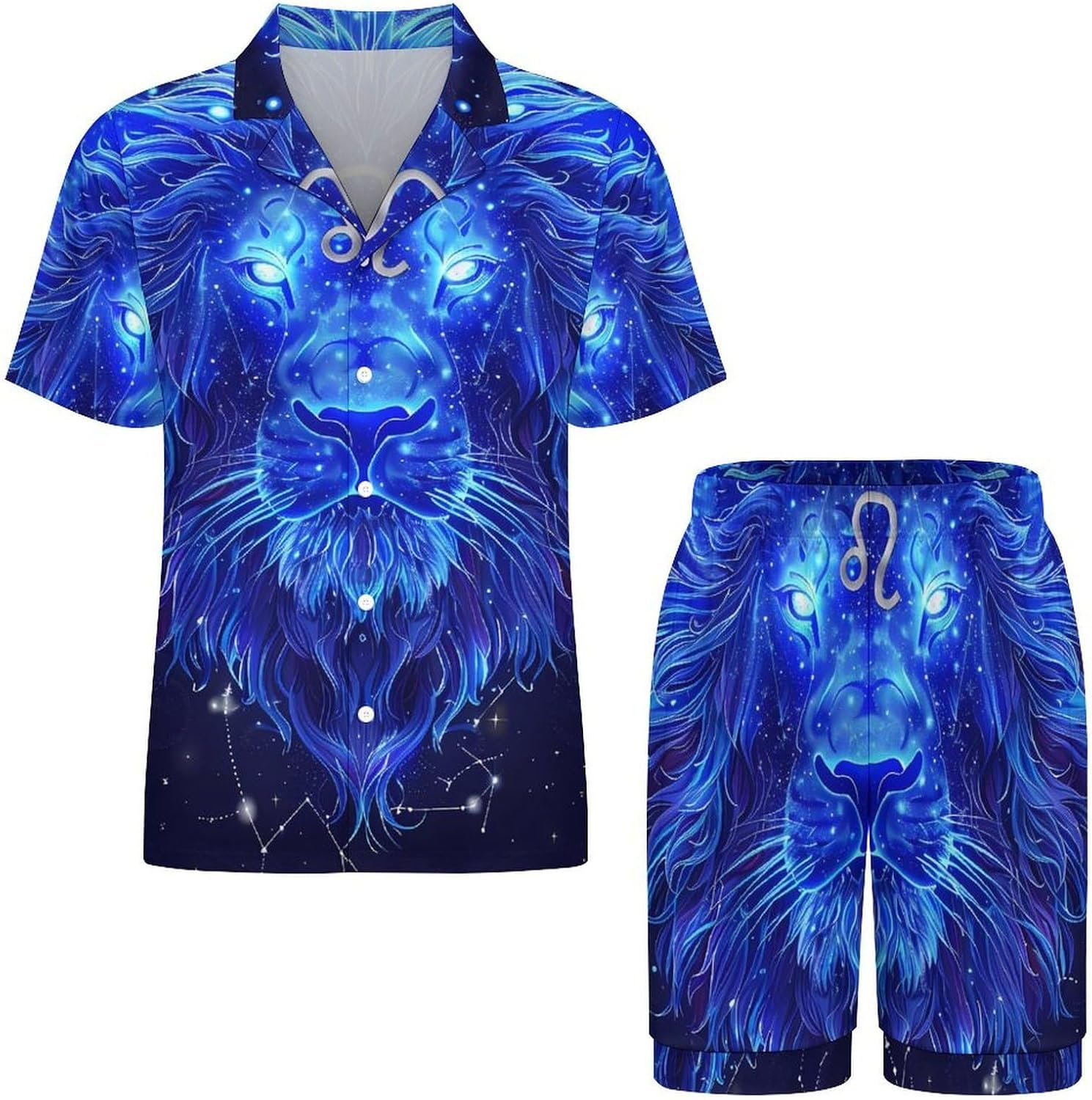 Leo Constellation Blue Lion Men's Short Sleeve Pajama Set Satin Silk Like Lounge Sleepwear