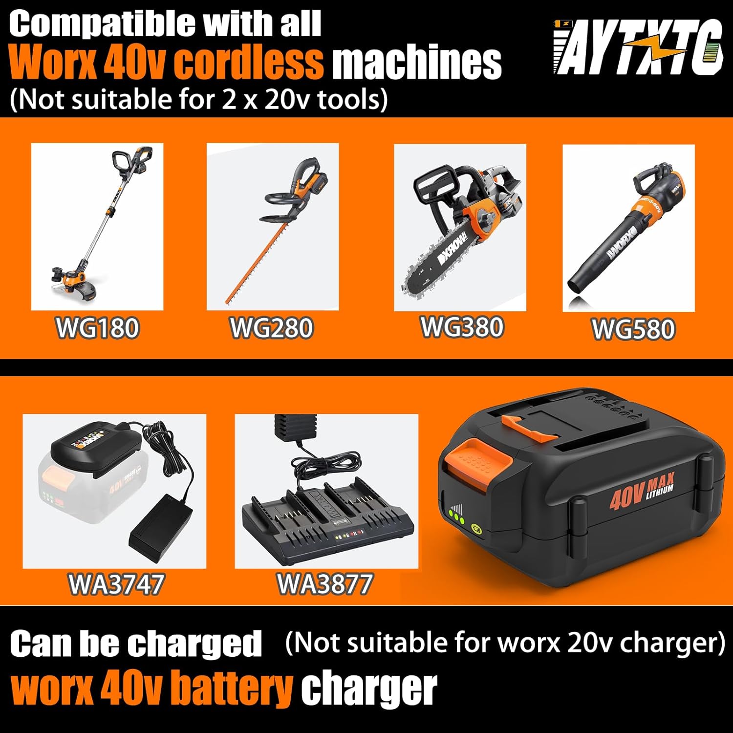 WA3580 40V 3.5Ah Lithium Battery Replacement for Worx 40V Battery Compatible with Worx 40 Volt Tools WG180 WG280 WG380 WG580 Not Fit 2x20v Tools - Image 5